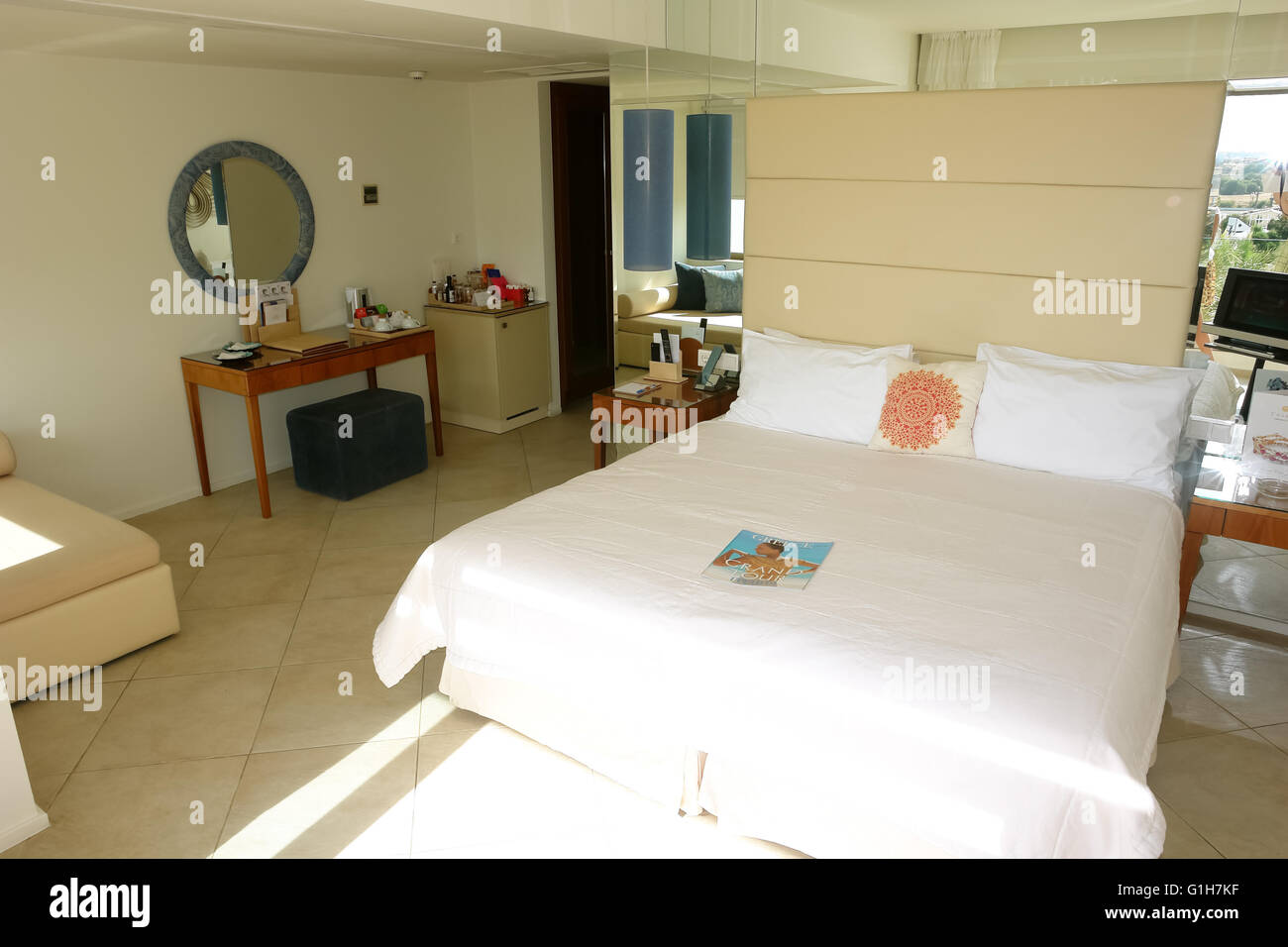 HERAKLION, CRETE, GREECE - MAY 13, 2014: The Interior room with big bed in modern building of luxury class hotel Stock Photo