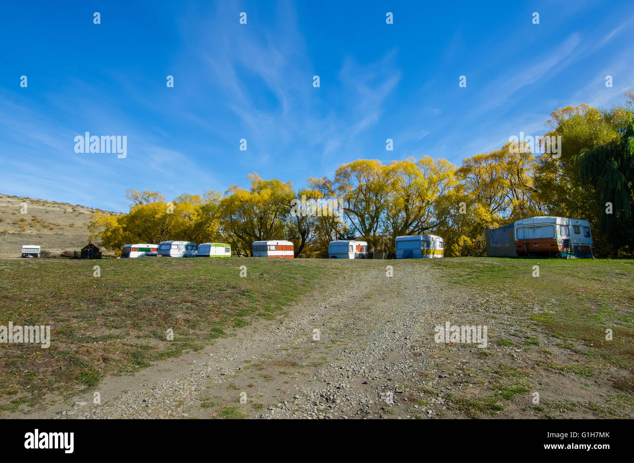 Campsite which is located beside the Lake McGregor,Canterbury Region, New Zealand. Stock Photo