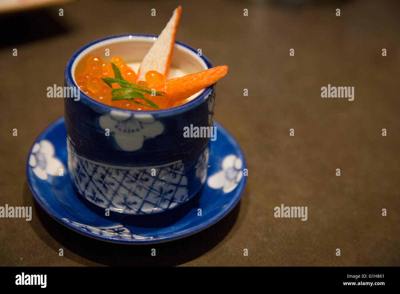 Japanese Appetizer Chawanmushi with Crab and Ikura (Fish Eggs Stock