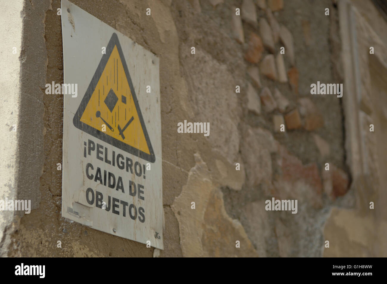 watch out for falling objects,caution,sign, Malaga,safety Stock Photo