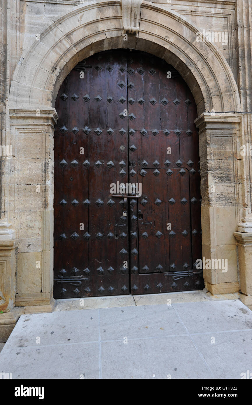 Archives, old customs of Malaga,door, studded, studs, Stock Photo