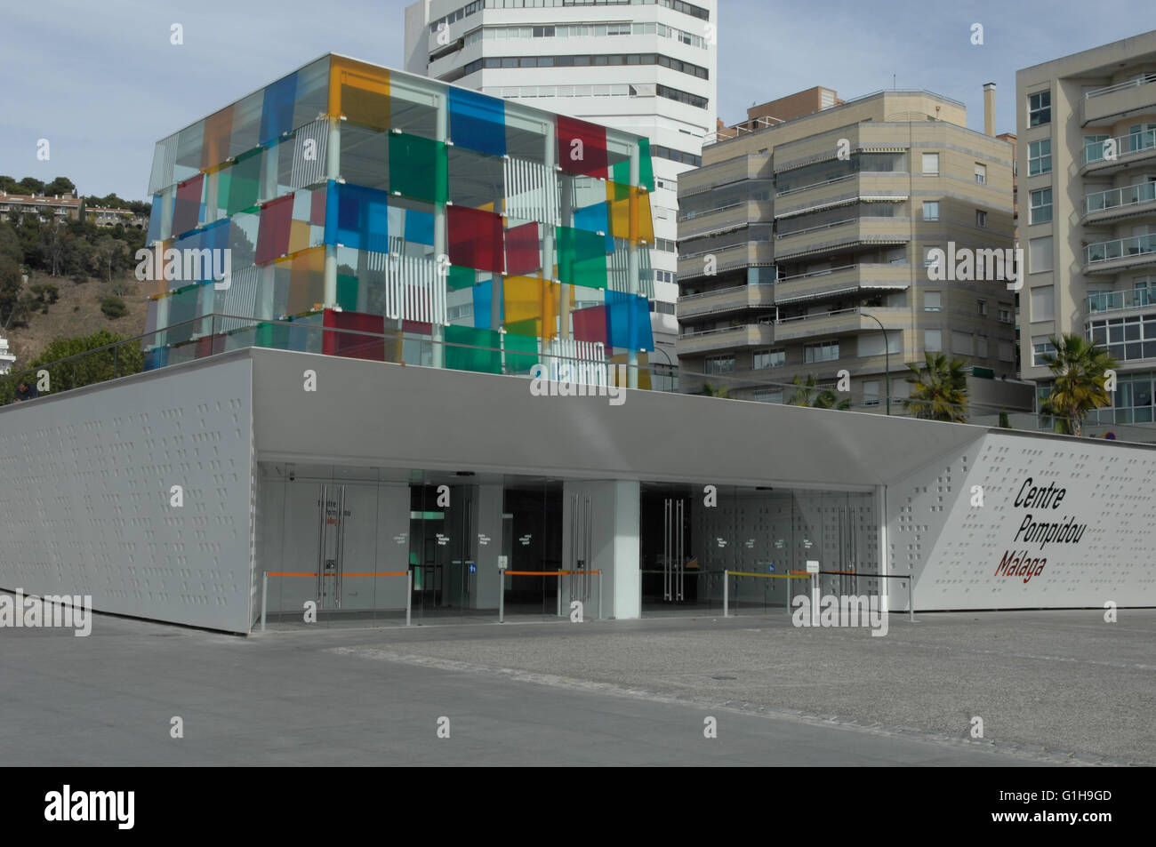 chain, French museum ,Pompidou Centre,Rubic's cube ,harbor,harbour,port, Malaga Stock Photo