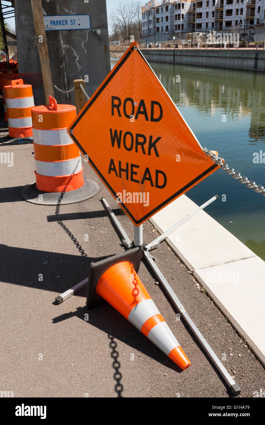 Road work ahead sign. Stock Photo