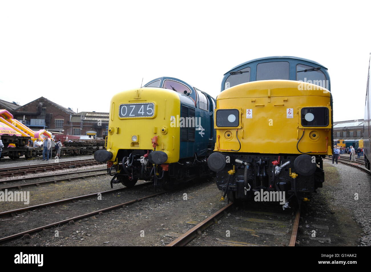 Two Diesel head on one is a Peak the other is a class 55 Stock Photo Alamy