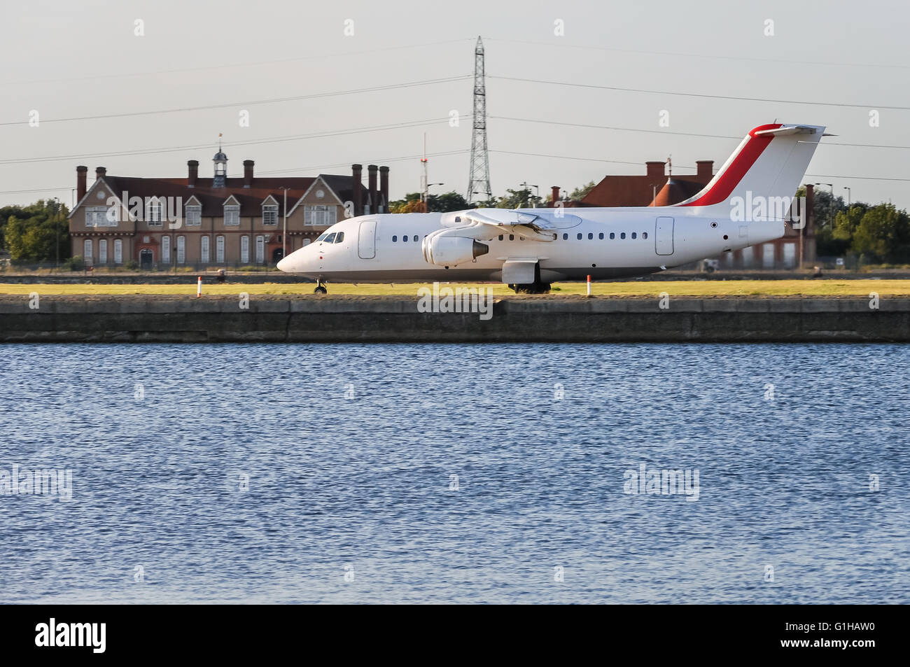 Aircraft on the London City Airport runway ready to take-off Stock Photo