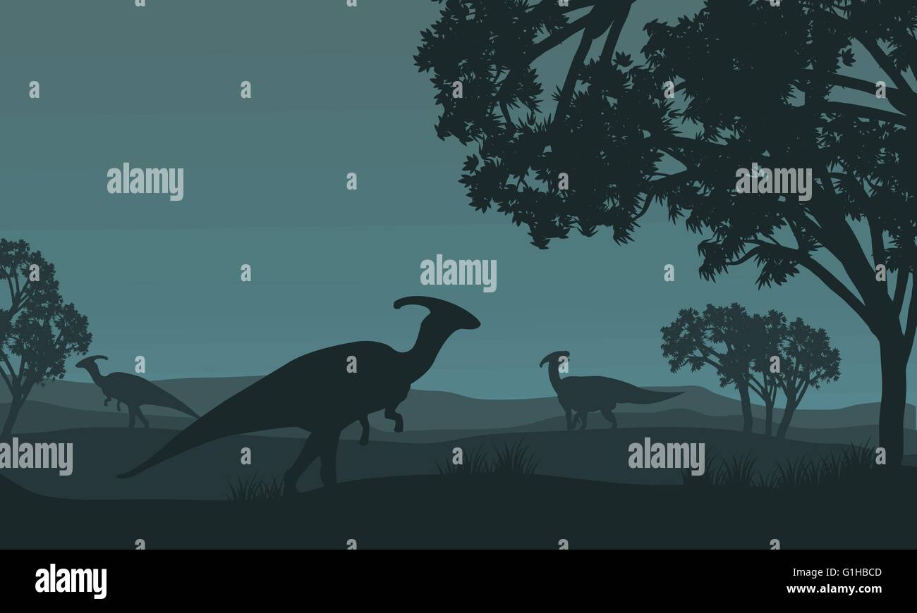 Silhouette of parasaurolophus walking in fields Stock Vector Image ...