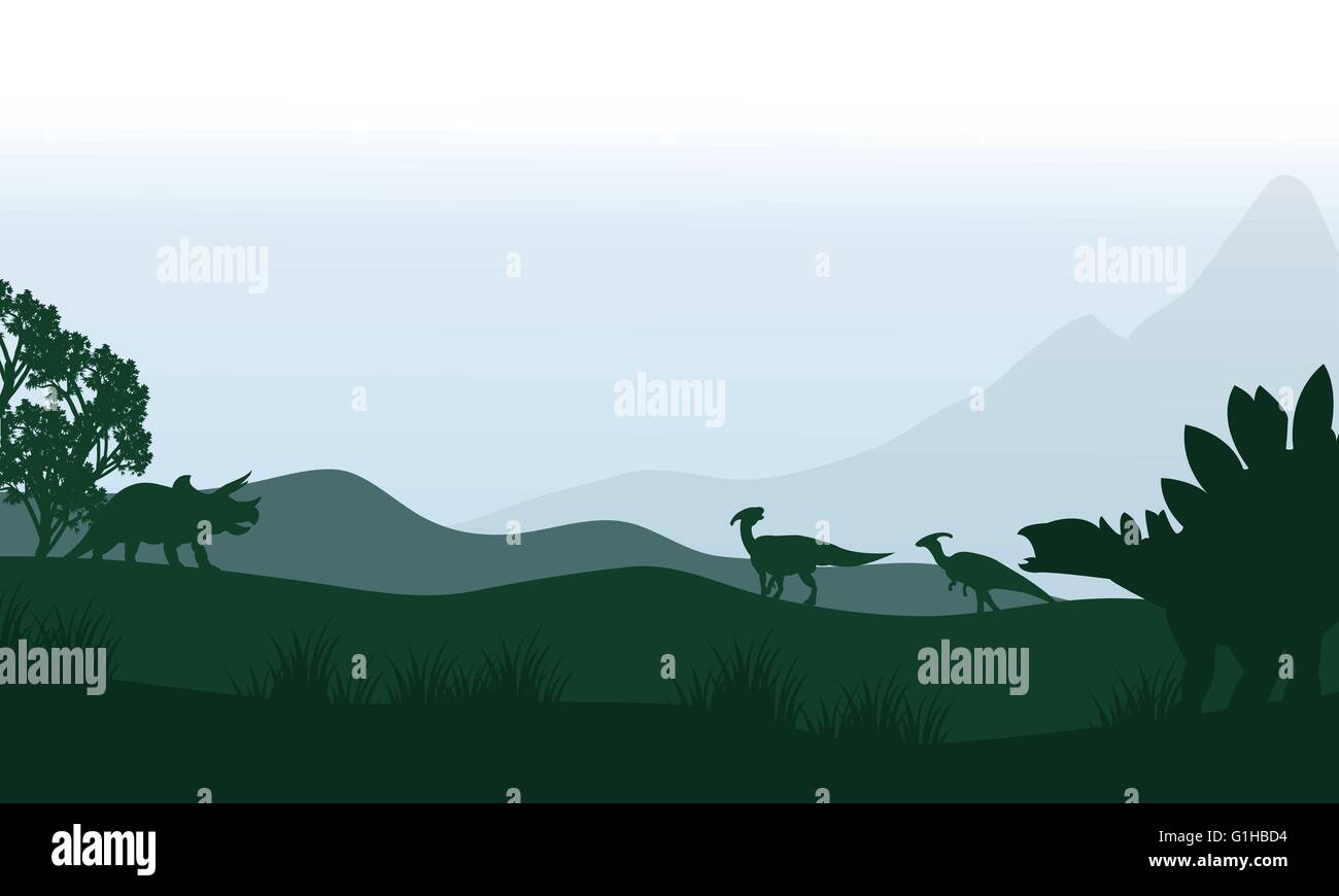 Silhouette of stegosaurus and parasaurolophus in fields Stock Vector ...