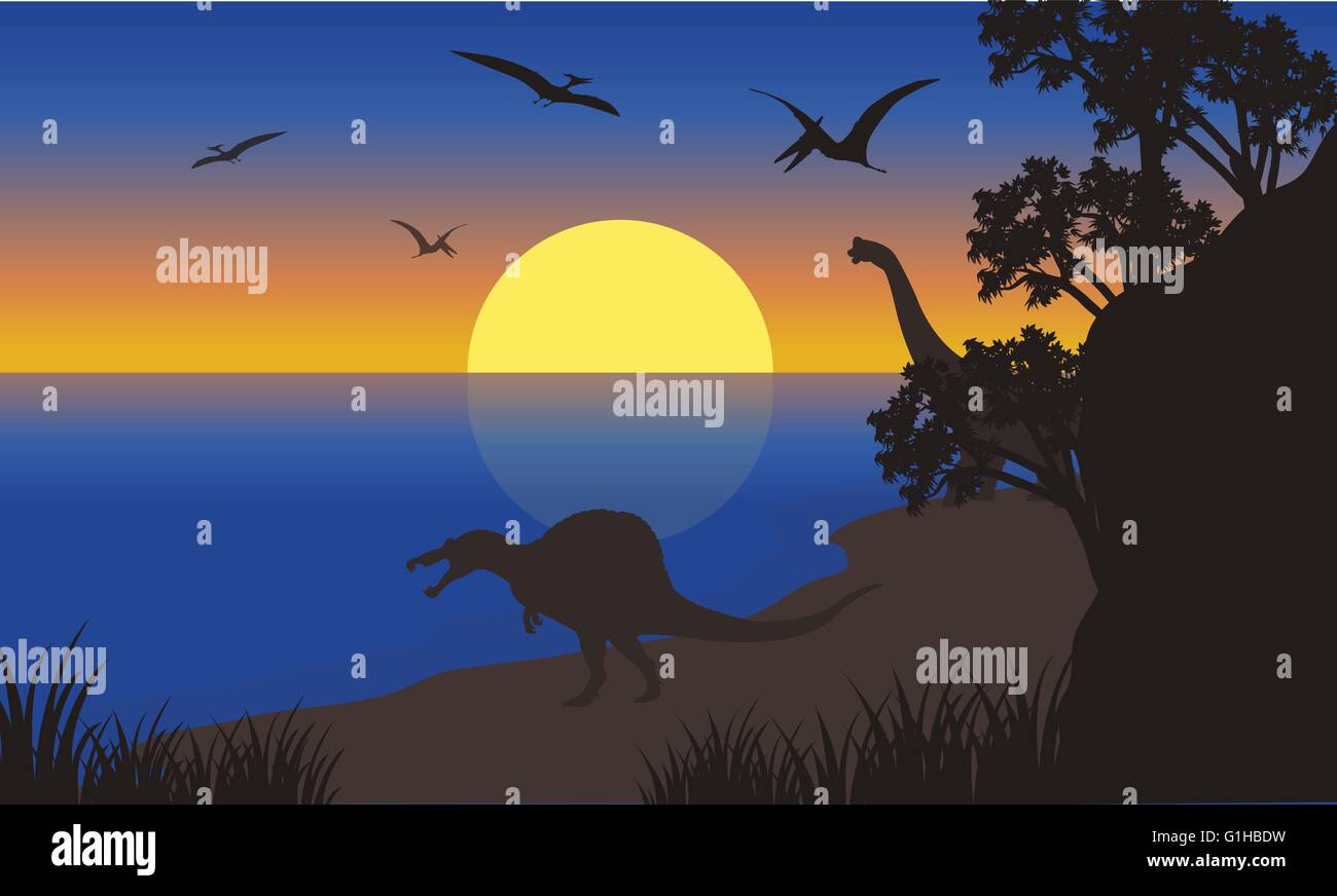 Silhouette of spinosaurus and pterodactyl Stock Vector