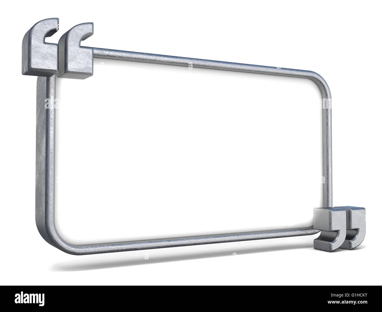 Copy space white plate in steel quotes. 3D render illustration isolated on white background