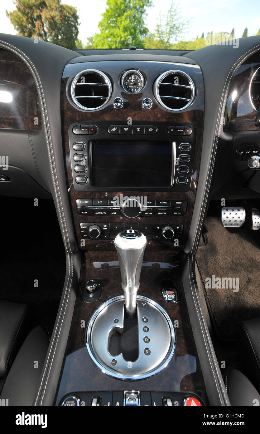 Bentley Continental GT Convertible automatic gear shift and center console Stock Photo