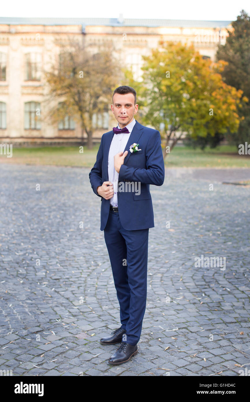Wedding Spring Groom Blue Suit Pink Tie Portrait Stock