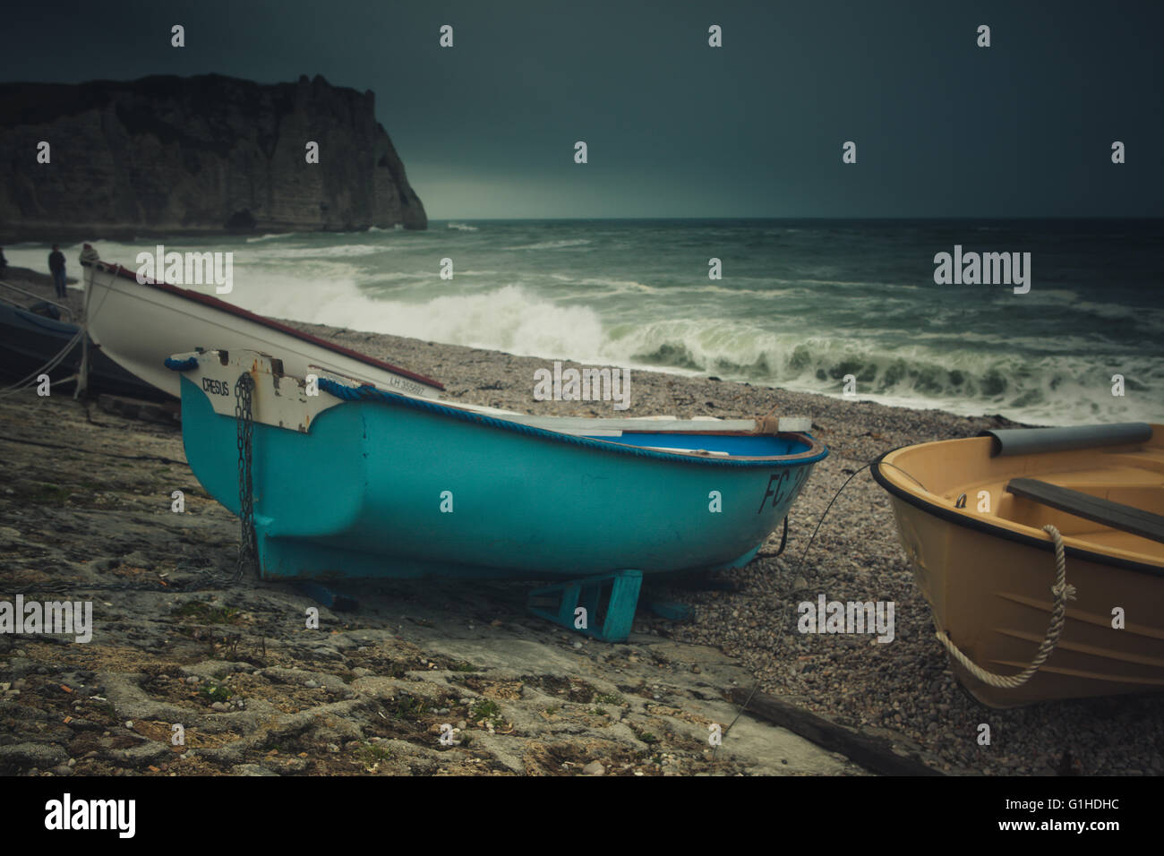 Beach of Etretat with small Boats in Normandy France on a Autumn ...