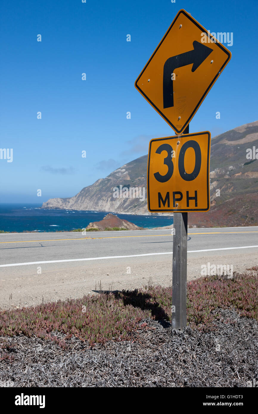 Sign on Highway One on the Pacific Coast Highway in California, USA Stock Photo