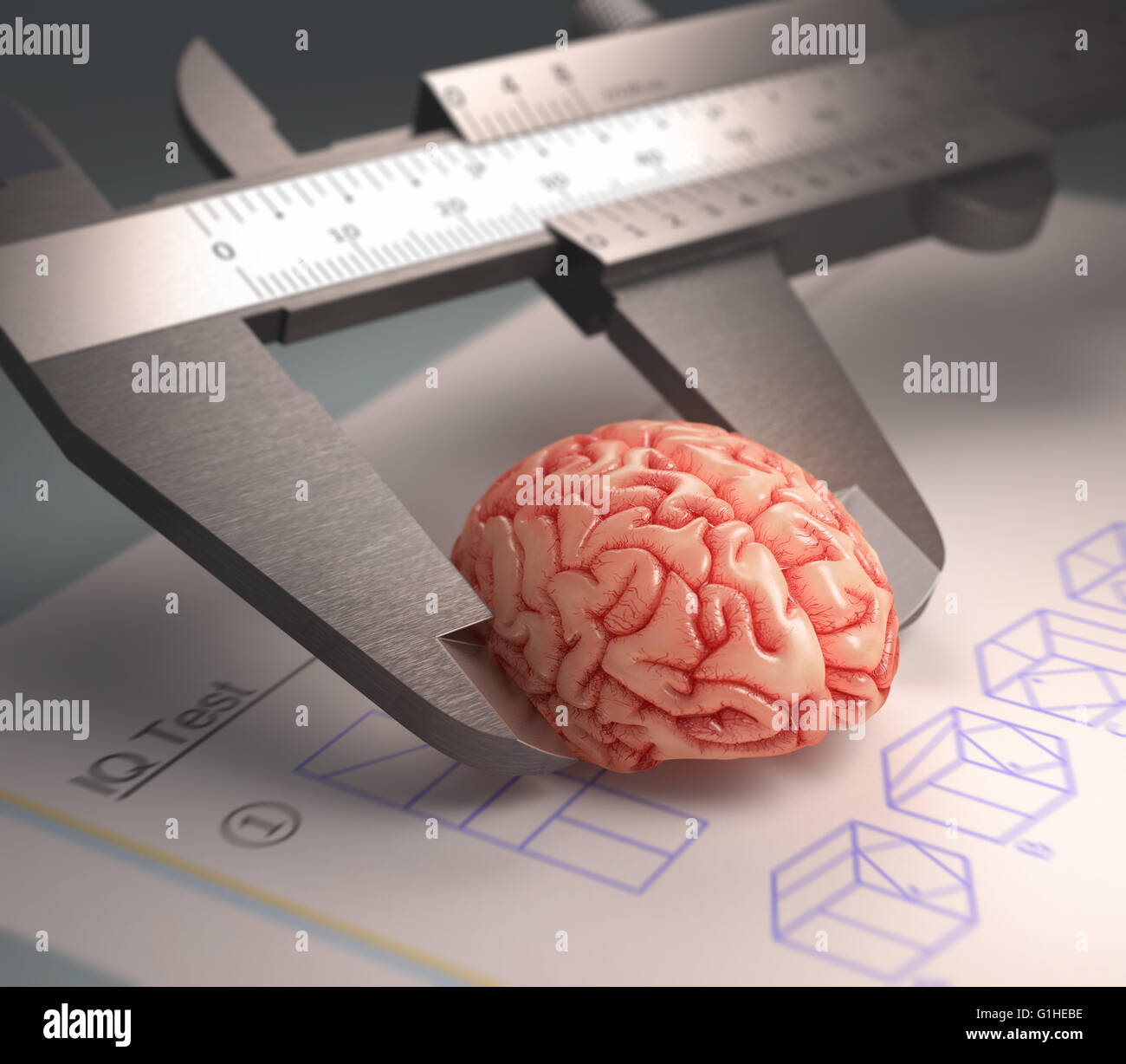 Caliper ruler measuring a human brain. Over the table a IQ Test in a concept of the human intelligence. Stock Photo