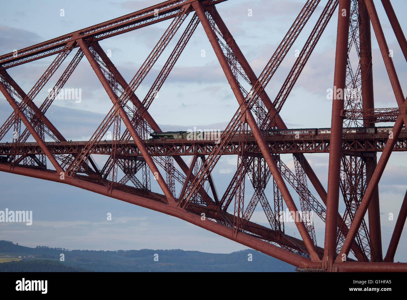 two engineering icons - the Flying Scotsman crossing the Forth Bridge on the evening of Sunday the 15th May 2016 Stock Photo