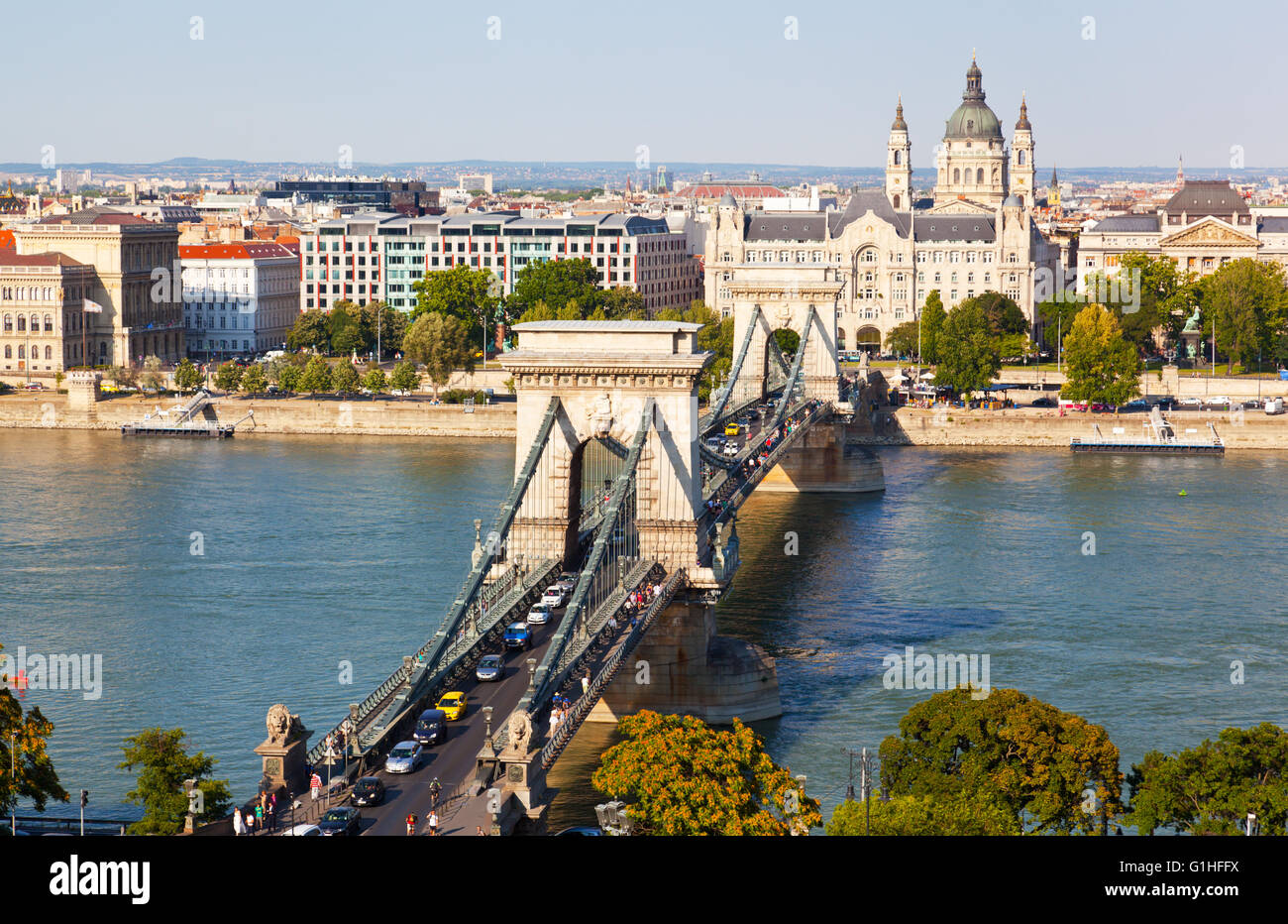 Traffic on Szechenyi Chain Bridge in Budapest, Hungary Stock Photo