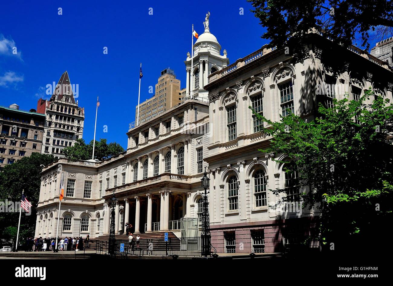 New York City:  South facade of 1811 City Hall in lower Manhattan with its portico, graceful windows, and cupola Stock Photo