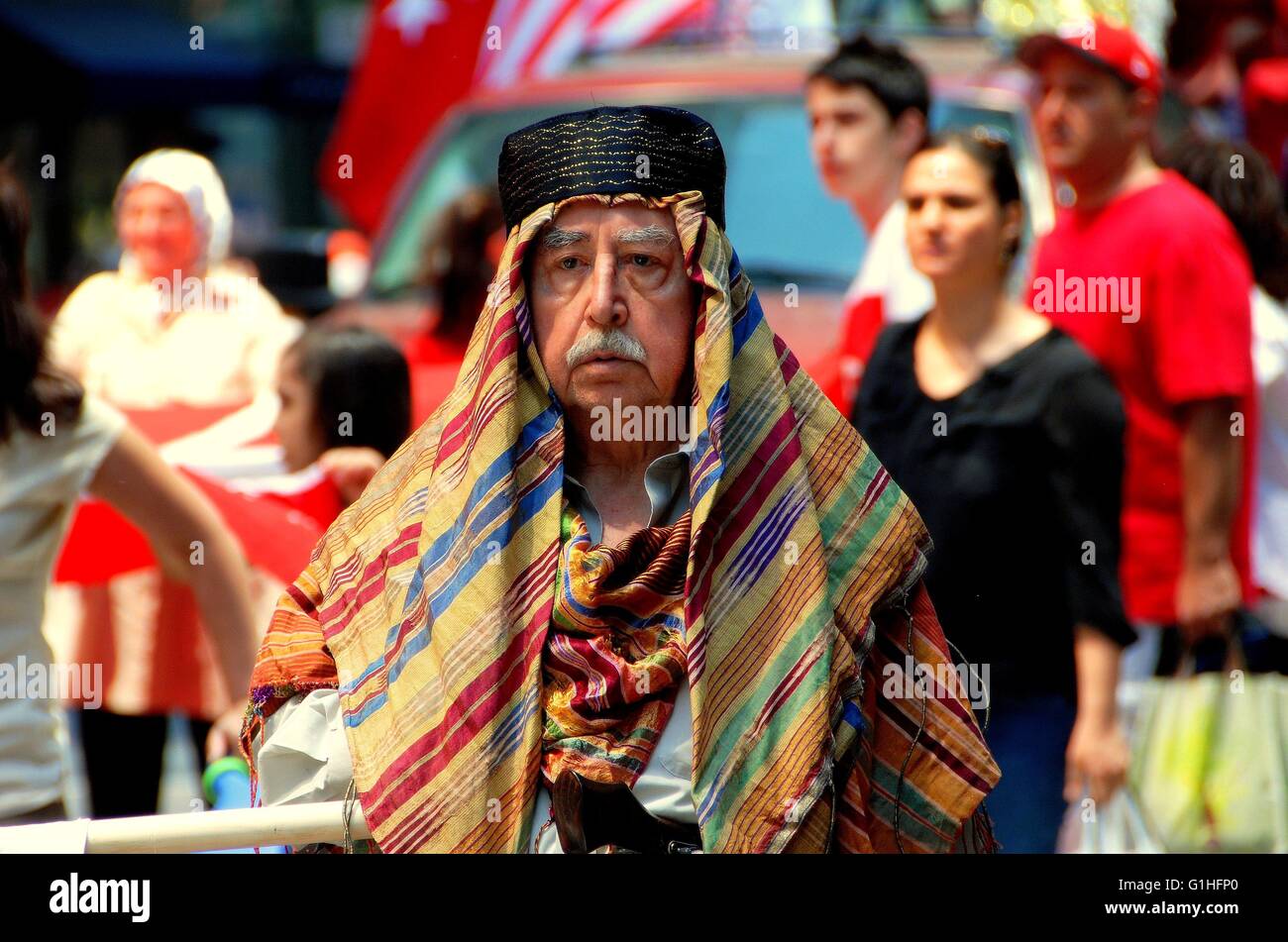 New York City  Man wearing traditional Turkish headdress marching in the annual Turkish Day Parade on Madison Avenue Stock Photo