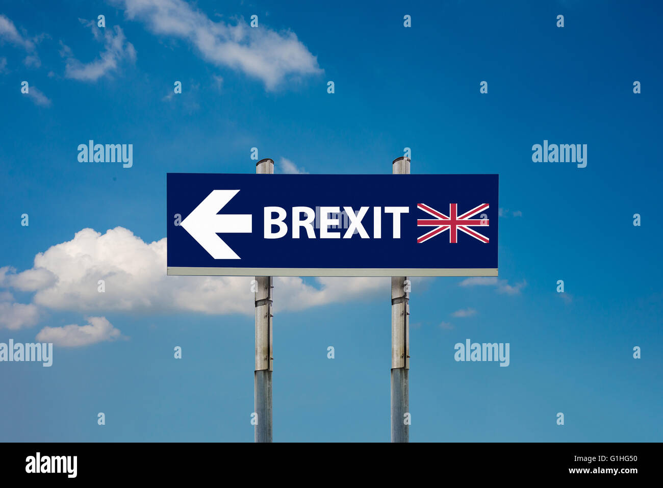 a road signs EU and BREXIT and a blue sky Stock Photo