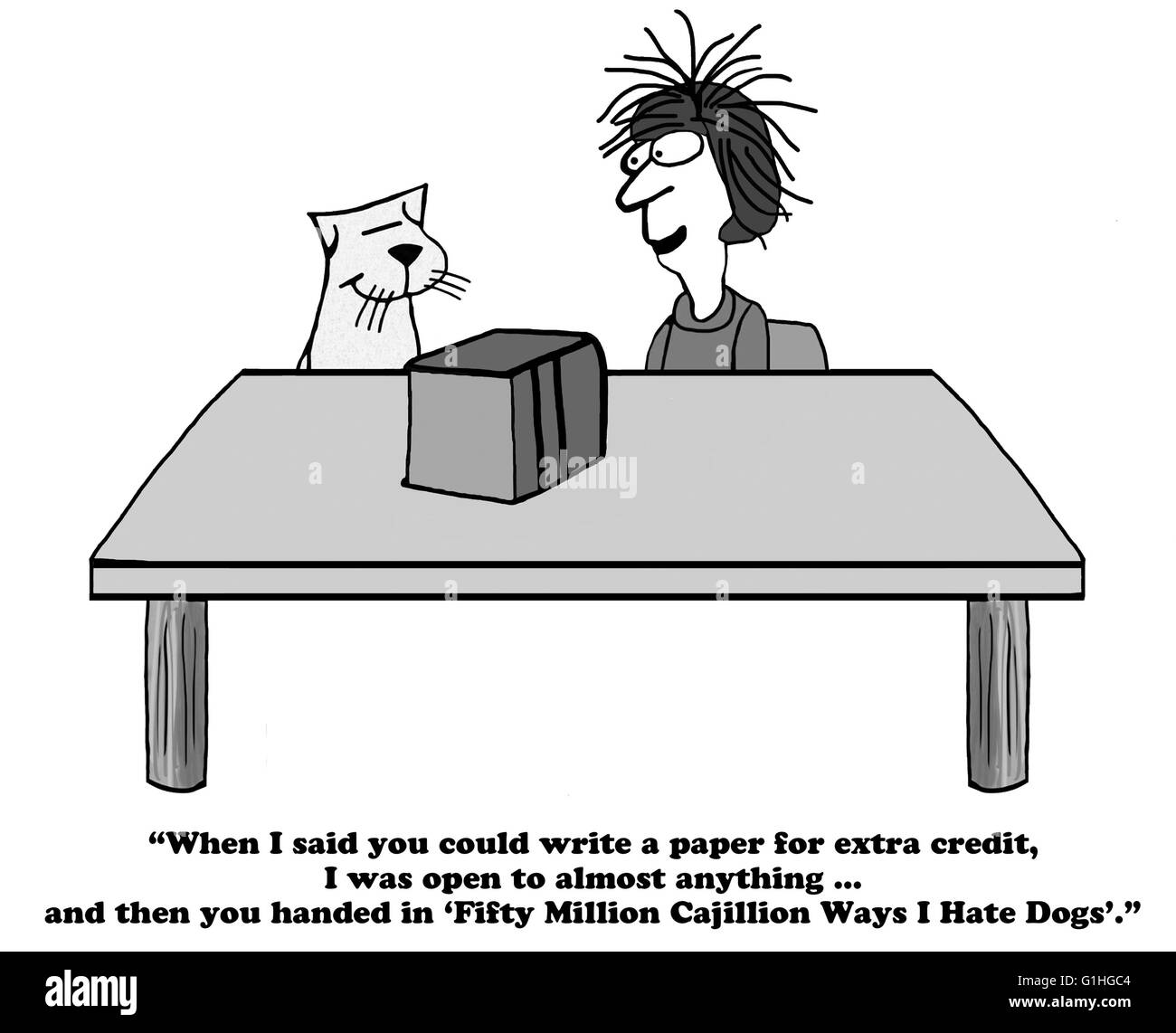 Education cartoon about writing a paper for extra credit in English class. Stock Photo