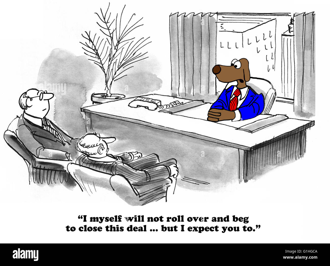 Business cartoon about begging to close a deal. Stock Photo