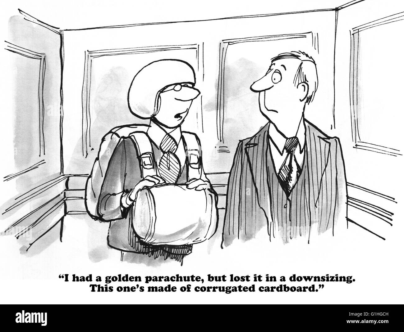 Business cartoon about losing a golden parachute. Stock Photo