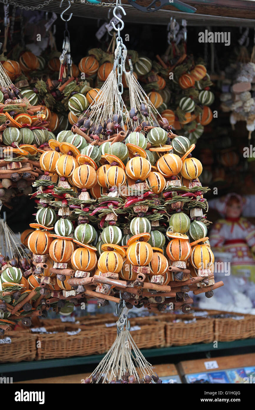 Christmas decorations made with fruit and natural materials at a market