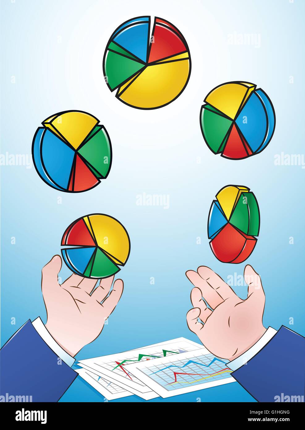 Vector Illustration of Businessman juggling Pie Charts. All elements are on separate layers for easy editing. Stock Vector