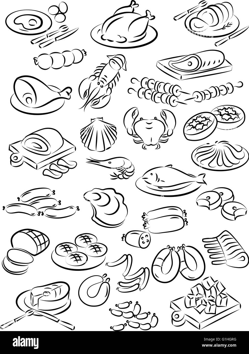 vector illustration of meat collection in line art mode Stock Vector