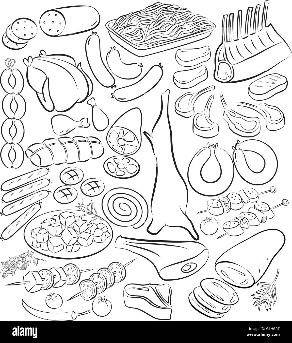 Vector illustration of meat product collection in line art mode Stock Vector