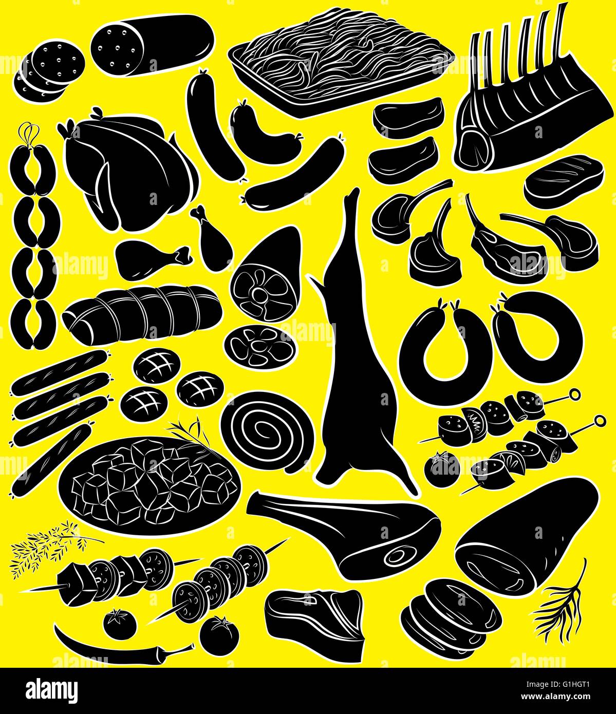 Vector illustration of meat product collection in silhouette mode Stock Vector
