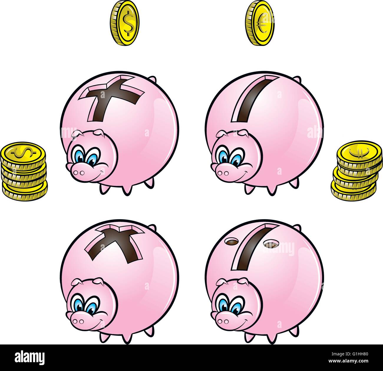 vector illustration of piggy banks with four arithmetical signs Stock