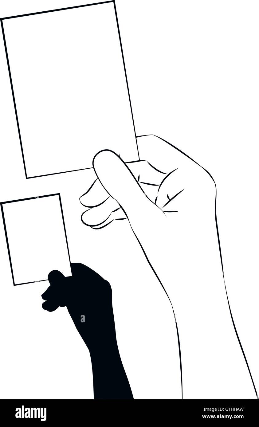 vector illustration of a hand showing a blank business card in line art ...