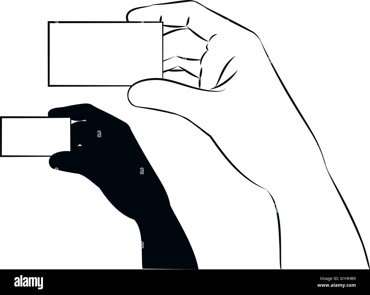 vector illustration of a hand showing a blank business card in line art ...