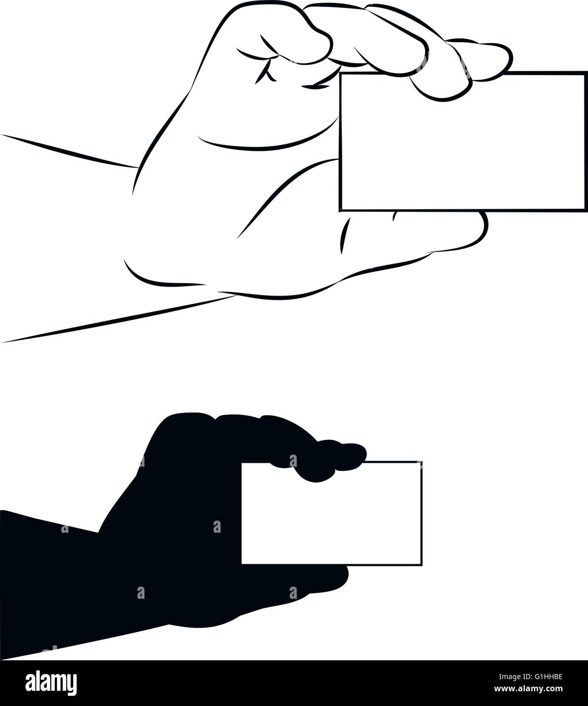 vector illustration of a hand showing a blank business card in line art ...