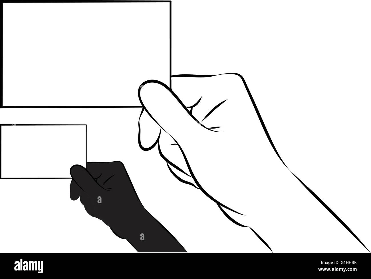 vector illustration of a hand showing a blank business card in line art ...