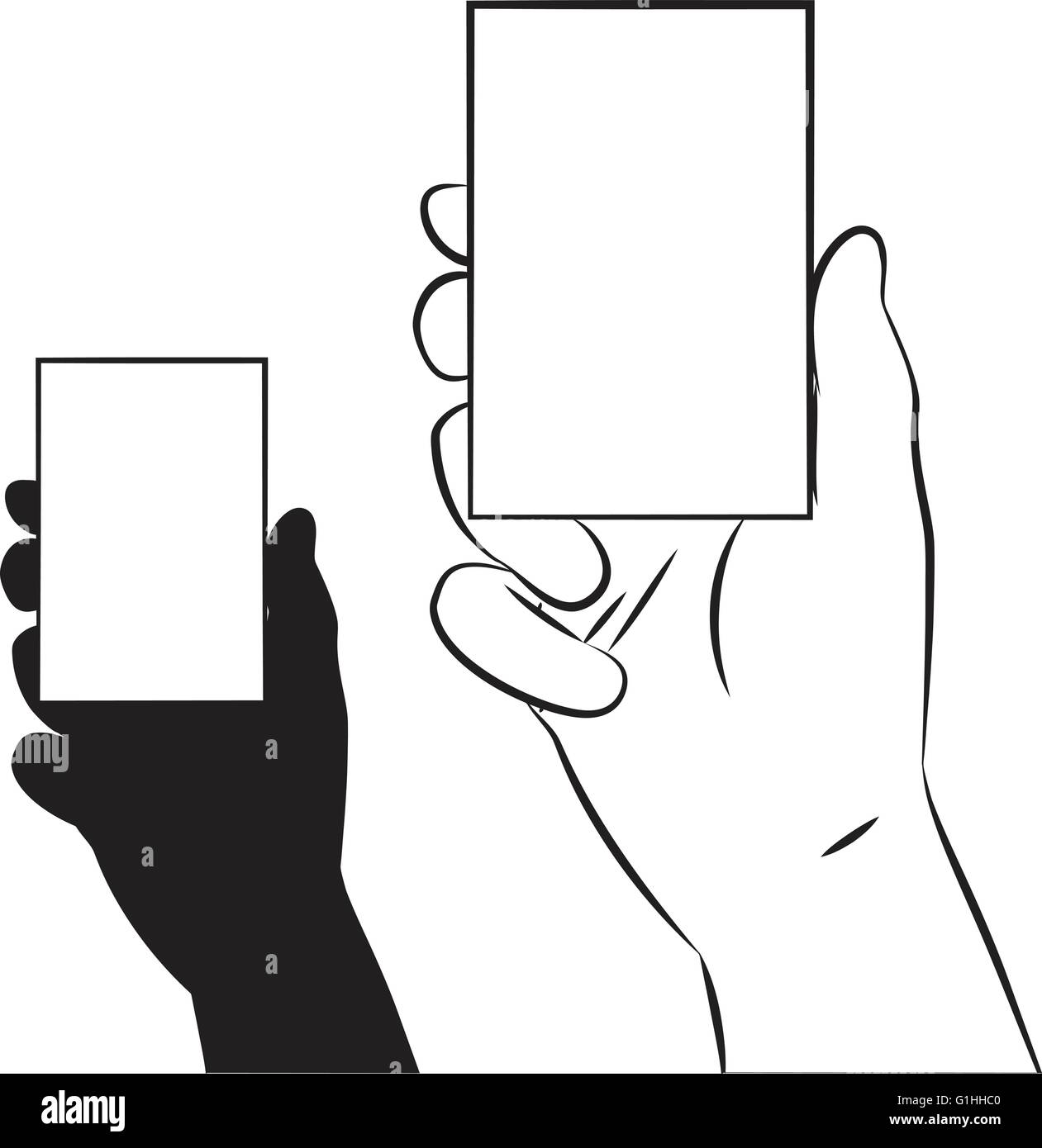 vector illustration of a hand showing a blank business card in line art ...