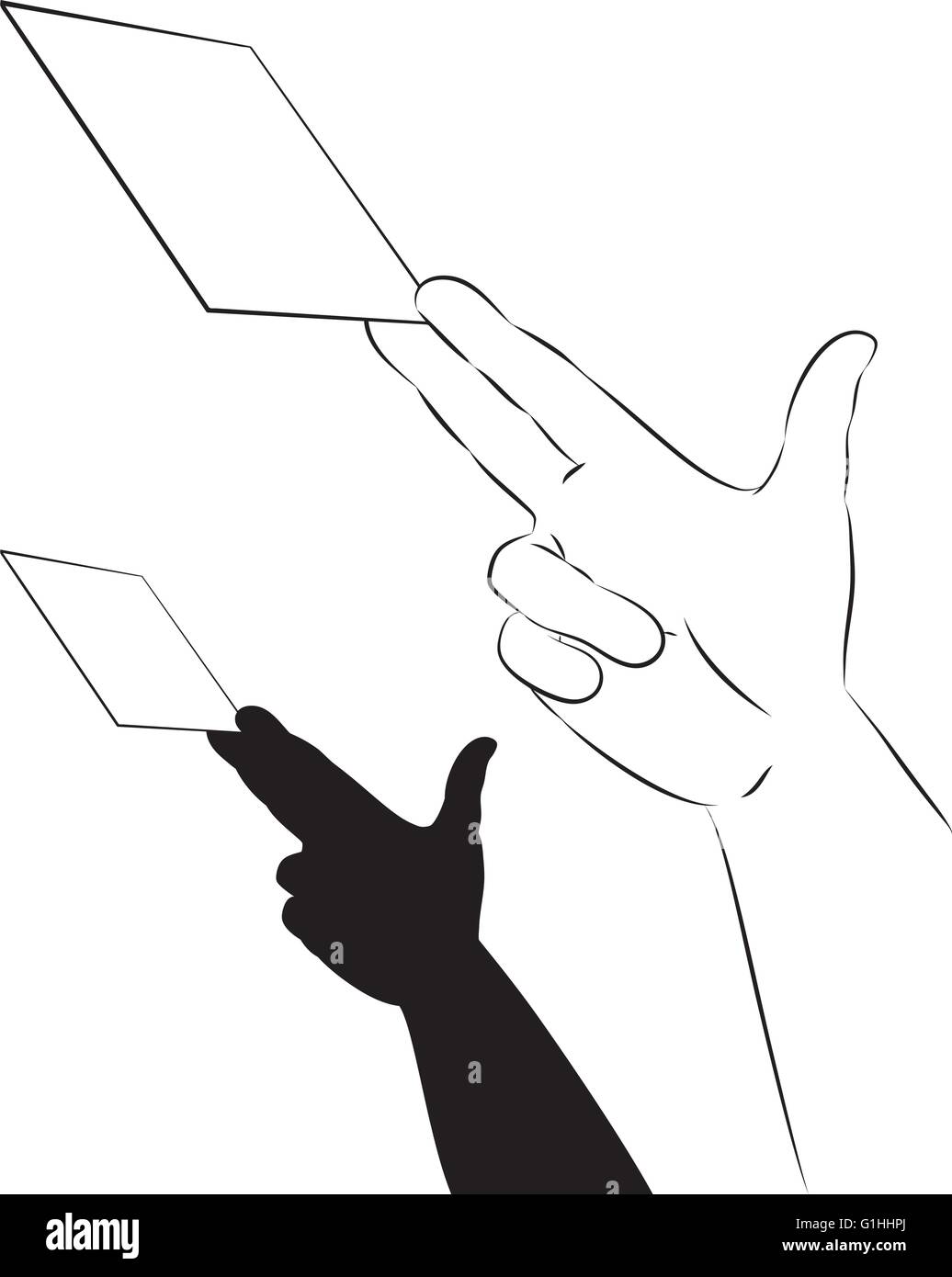 vector illustration of a hand showing a blank business card in line art ...