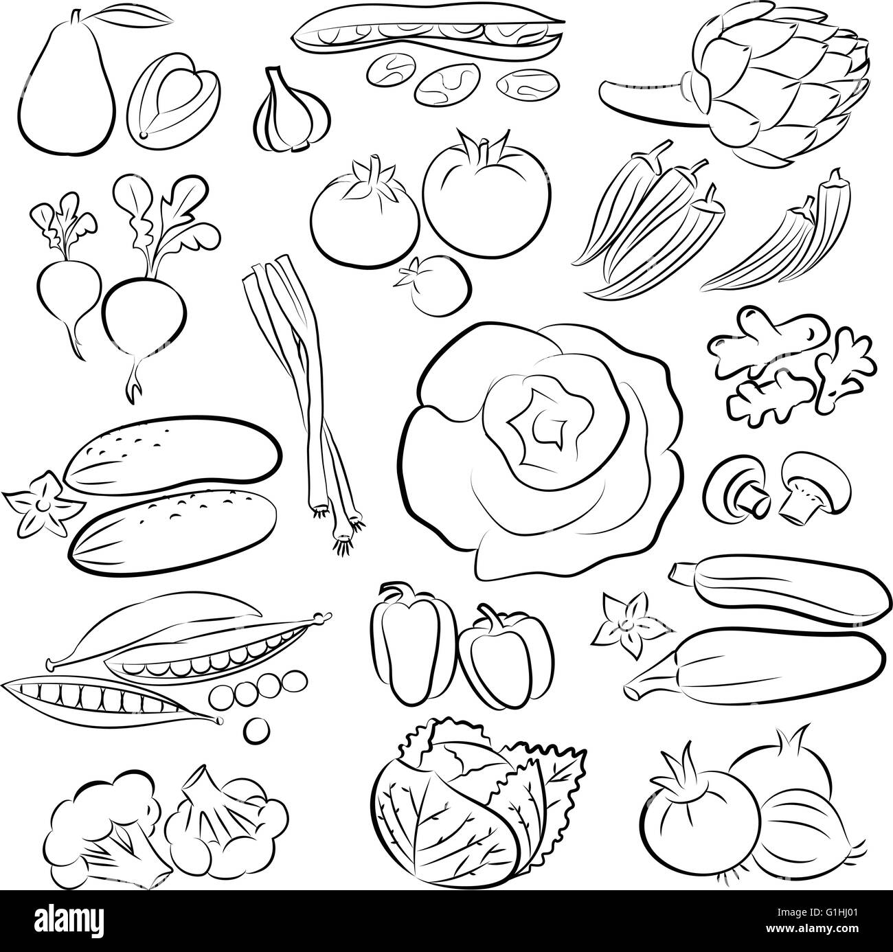 Vector Illustration of vegetables in line art mode Stock Vector