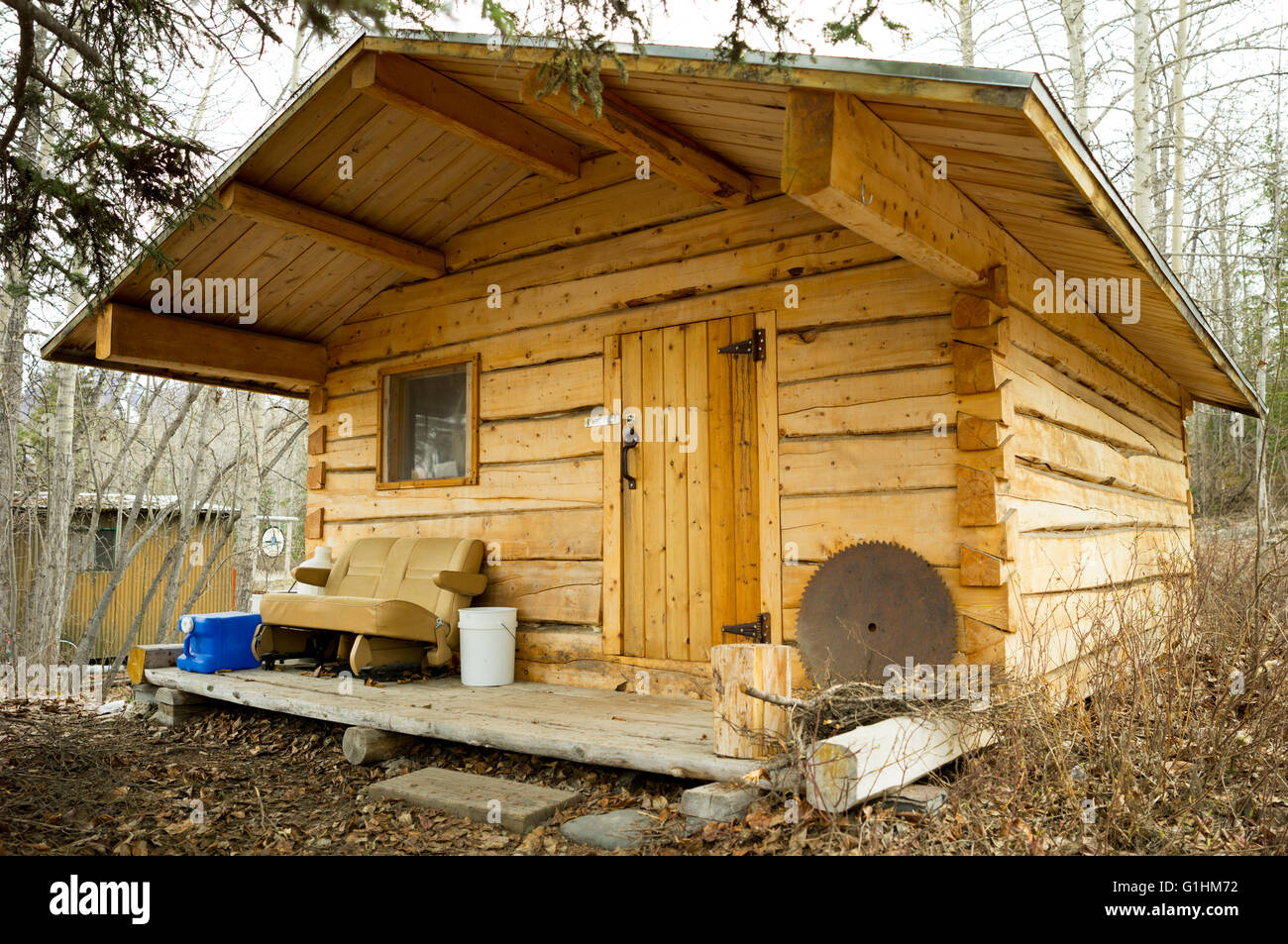 The Old Log Cabin In Down Town Mccarthy In Alaska Stock Photo