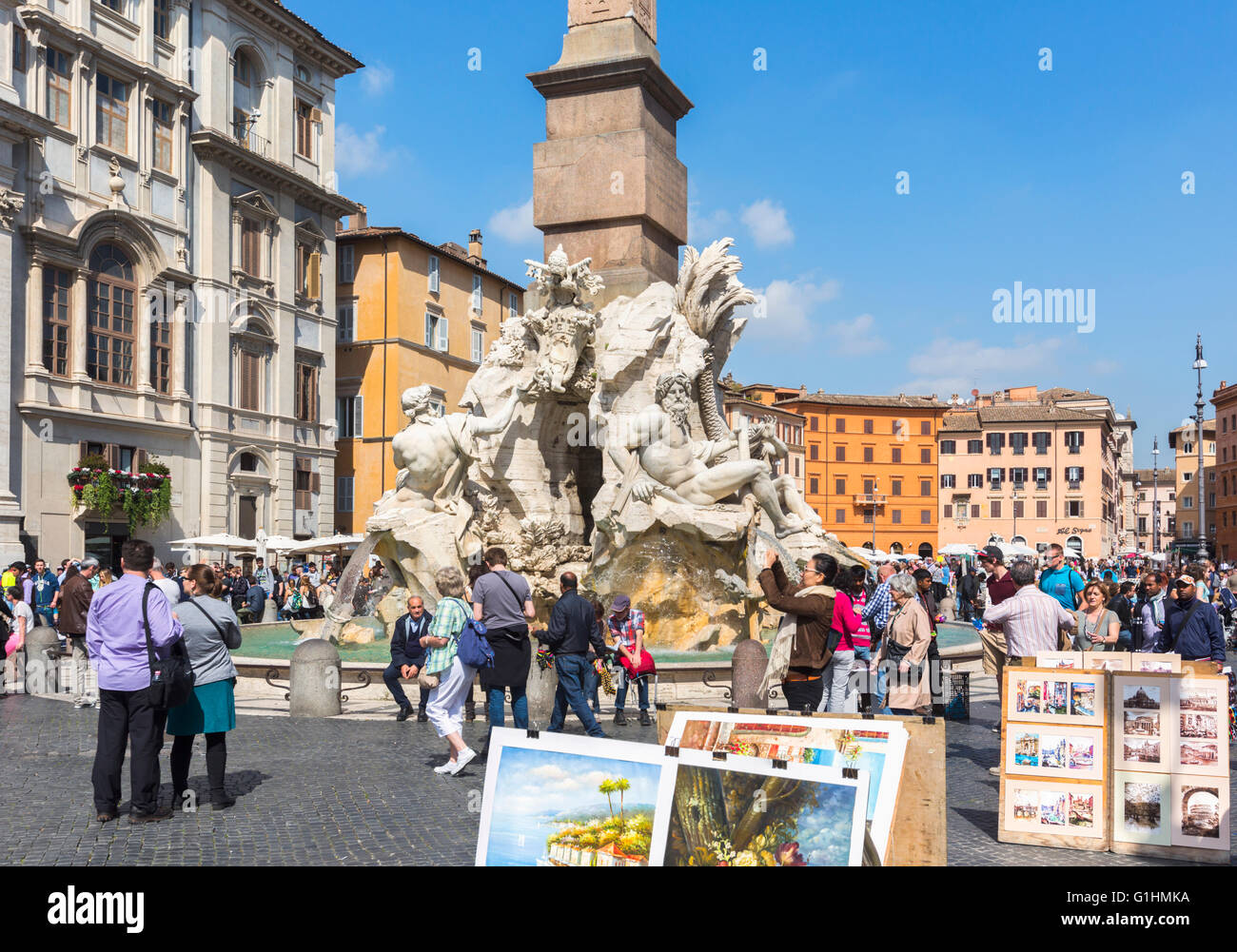 Rome, Italy.  Piazza Navona.  Fontana dei Quattro Fiumi, or the  Fountain of the Four Rivers, created by Gian Lorenzo Bernini Stock Photo