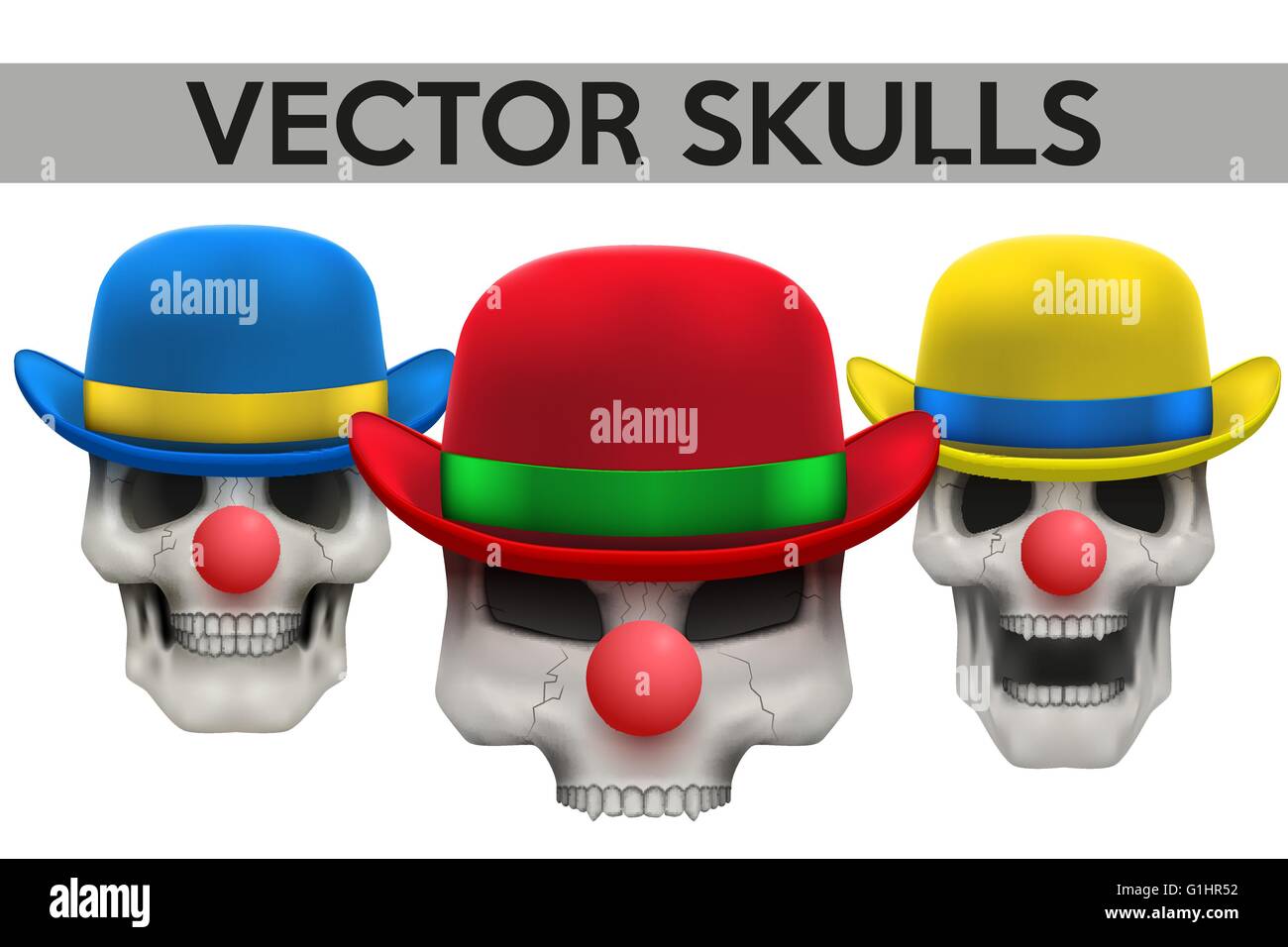 Set of Vector Human skulls with clown hat on head Stock Vector