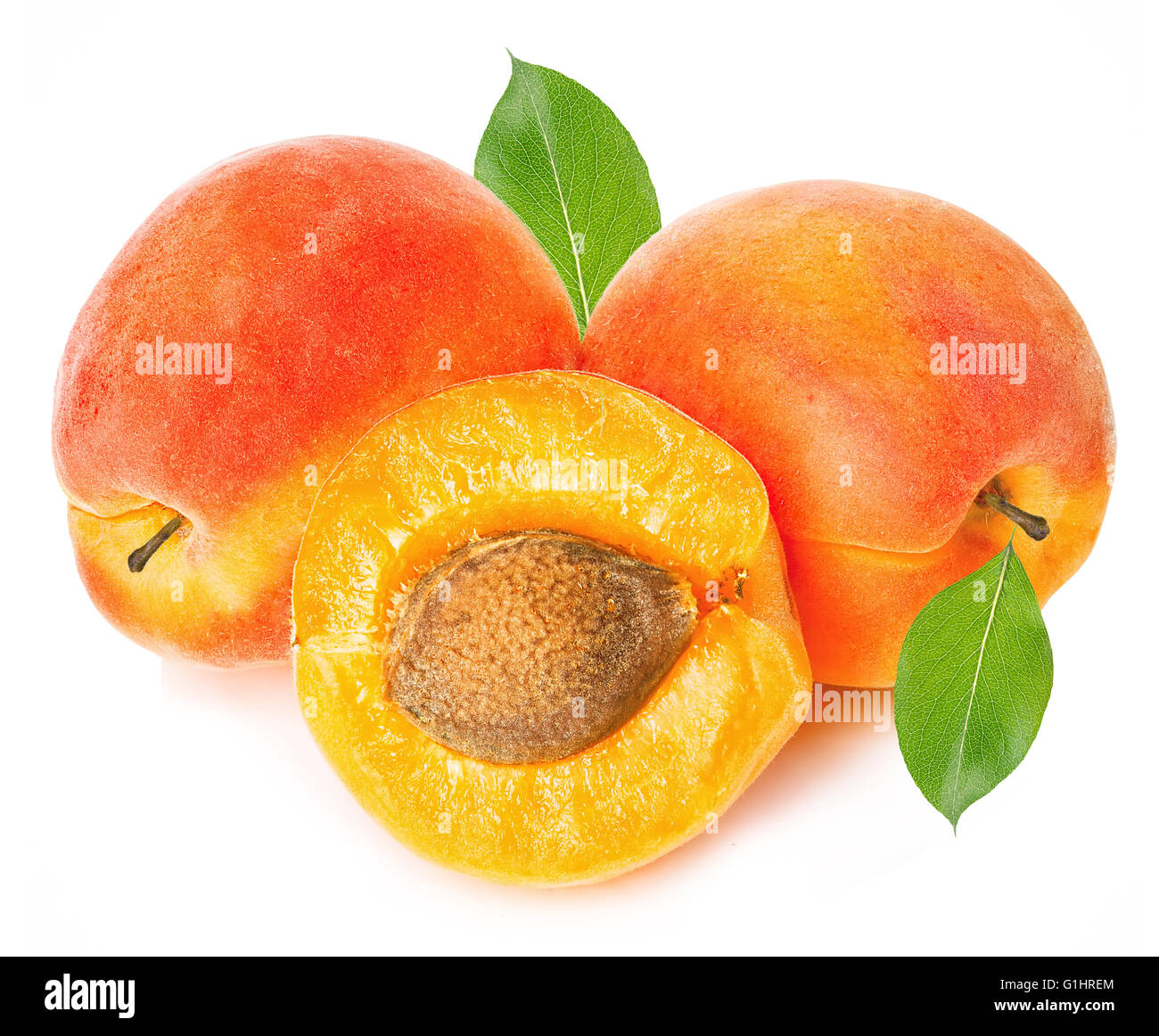 Ripe apricots with leaf isolated on a white background, with clipping ...
