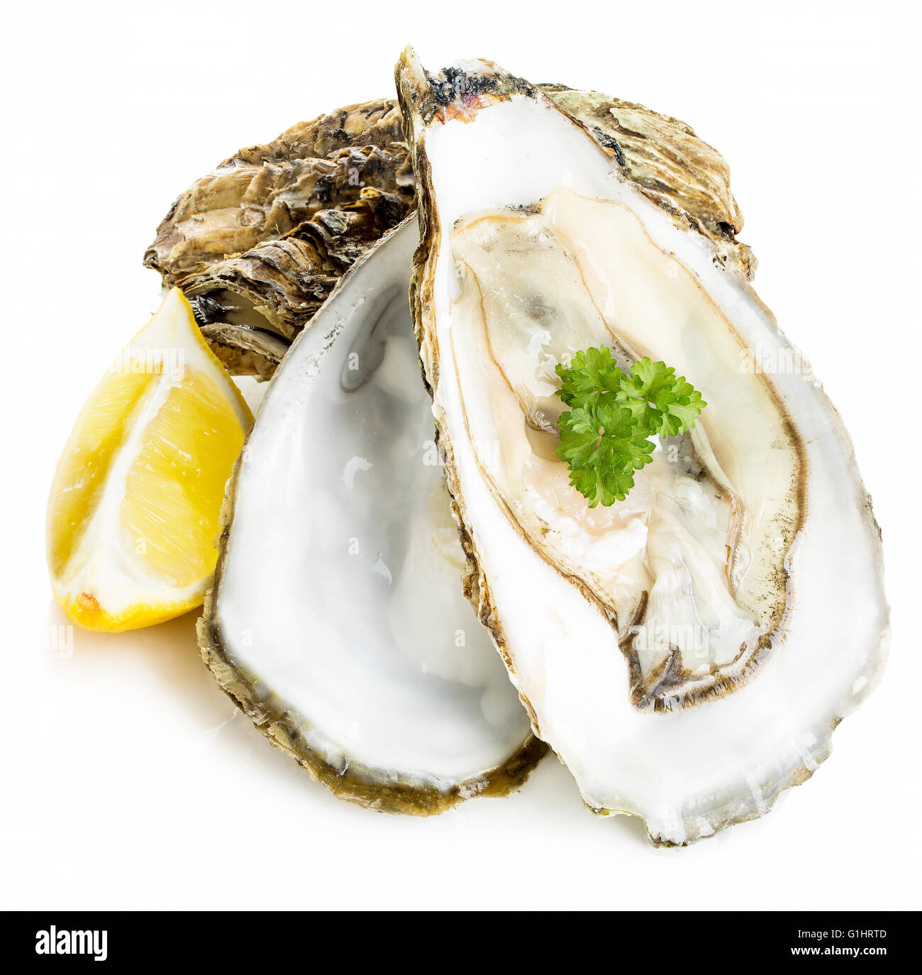 Oysters with lemon and parsley close-up isolated on a white background. Seafood. Stock Photo