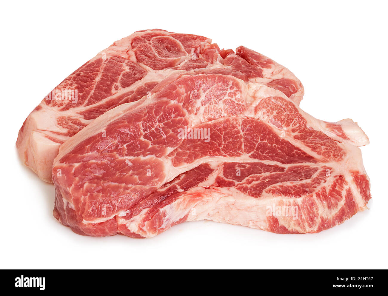Fresh red raw meat close-up isolated on a white background. Stock Photo