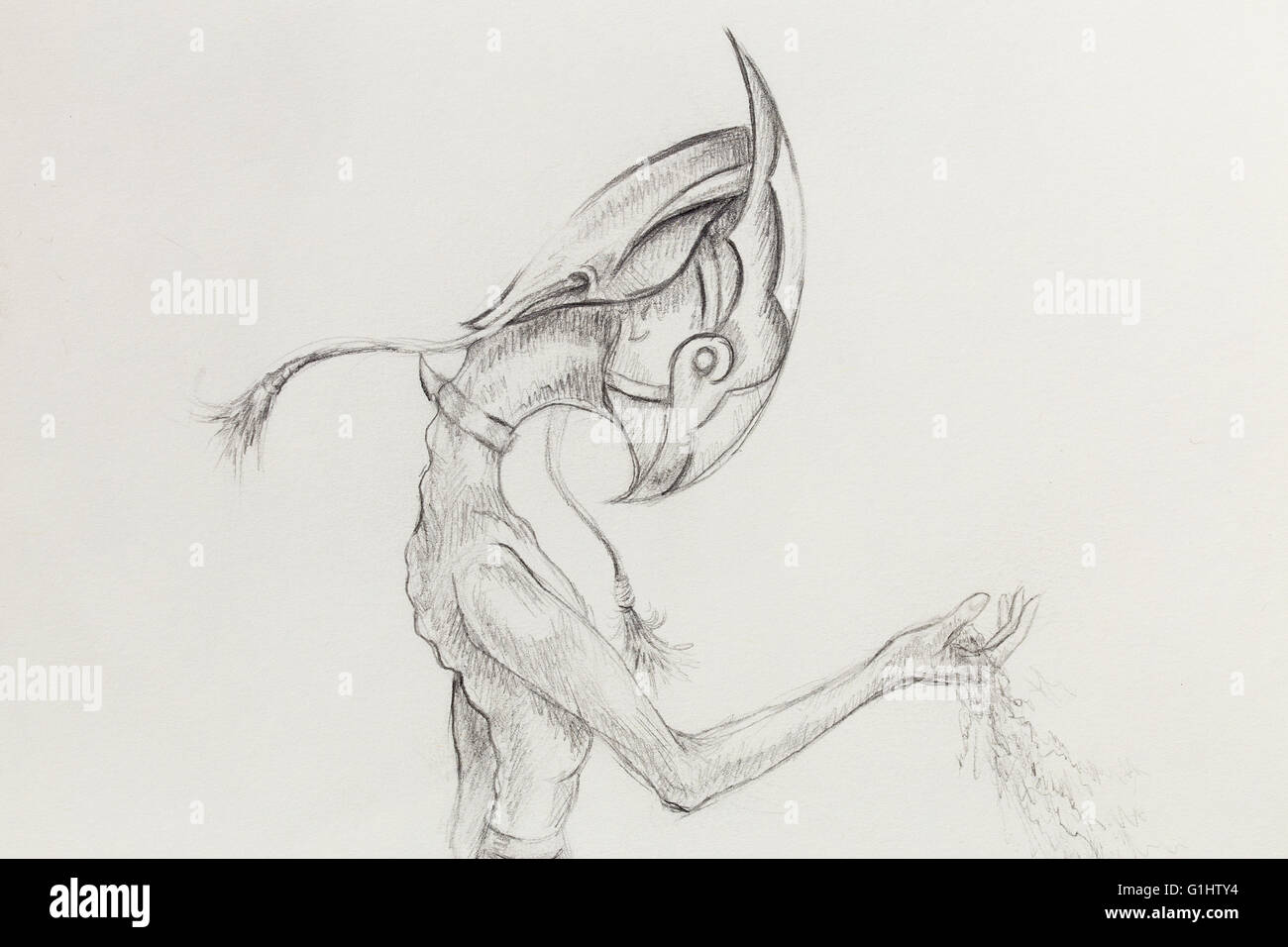 Transience Drawing allien hold sand, original drawing on paper. transience and time ...
