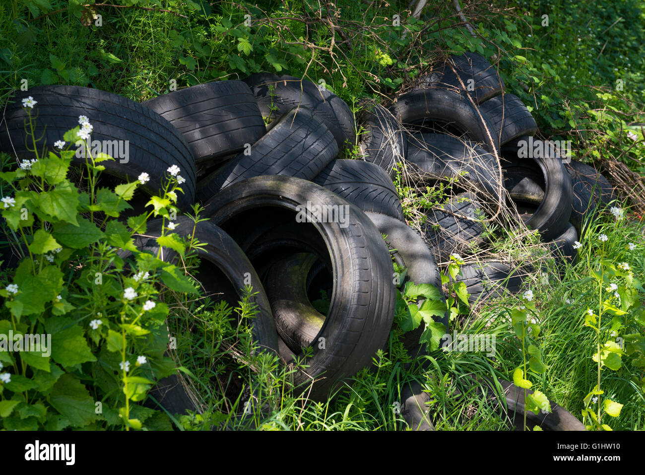A pile of tyres next to a farm track in Shropshire, England, UK. Stock Photo