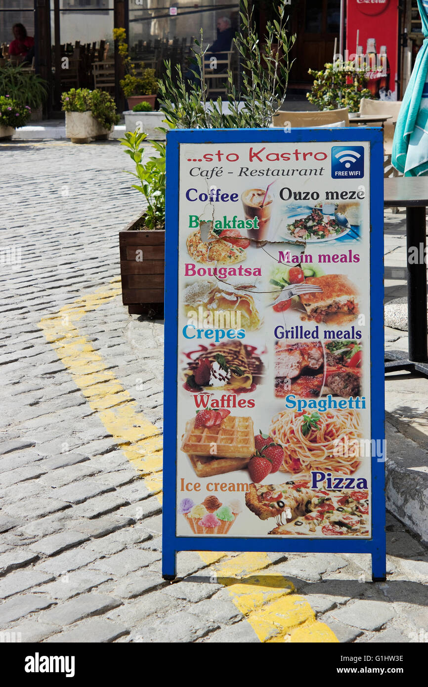 CafeRestaurant "sto Kastro" street menu stand display. Myrina's port