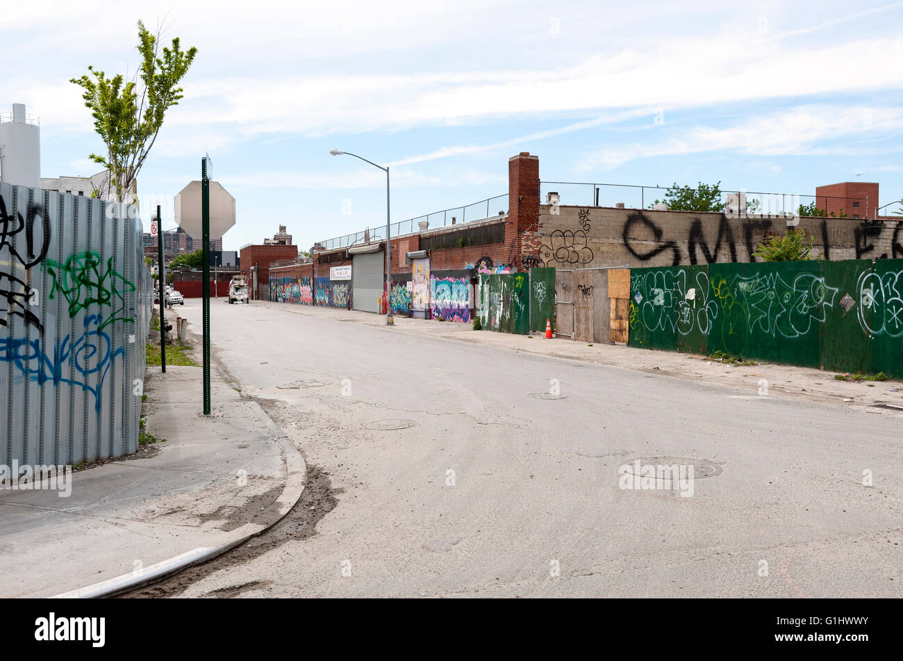 Empty dangerous urban street scene, Bushwick, Brooklyn, New York City