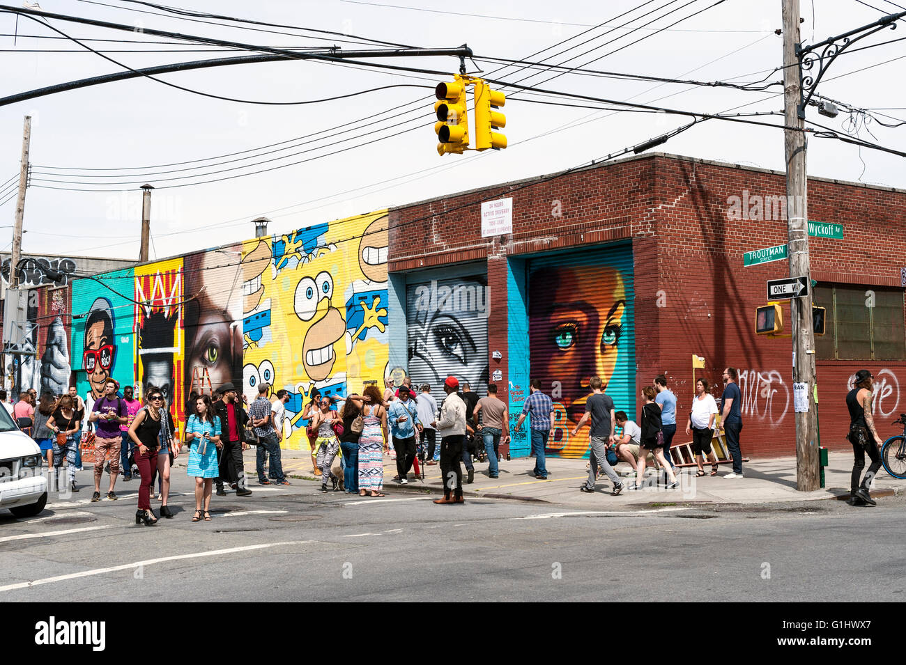 Brooklyn Bushwick neighborhood New York City street art graffiti murals Bushwick Collective artists Stock Photo
